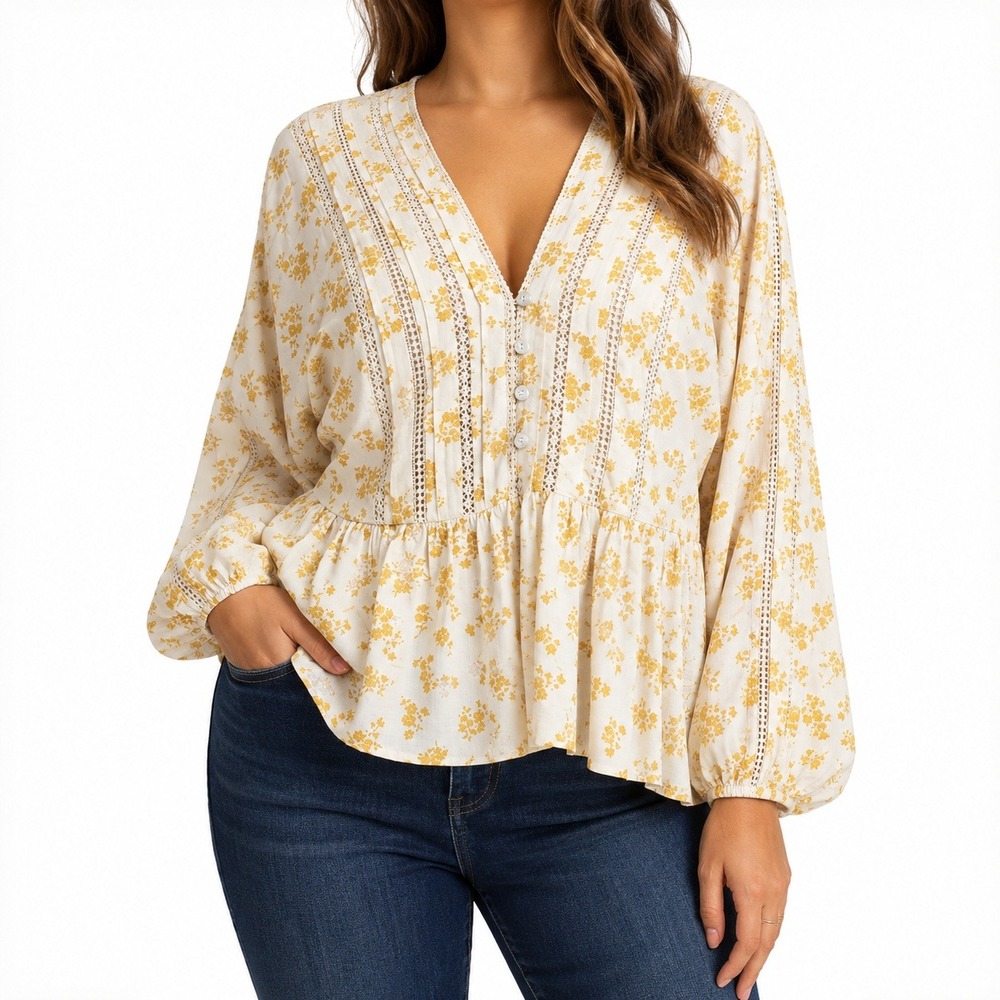 Torrid Relaxed Peasant Top Crinkle Gauze Floral Boho Womens 1 1X Yellow Prairie
